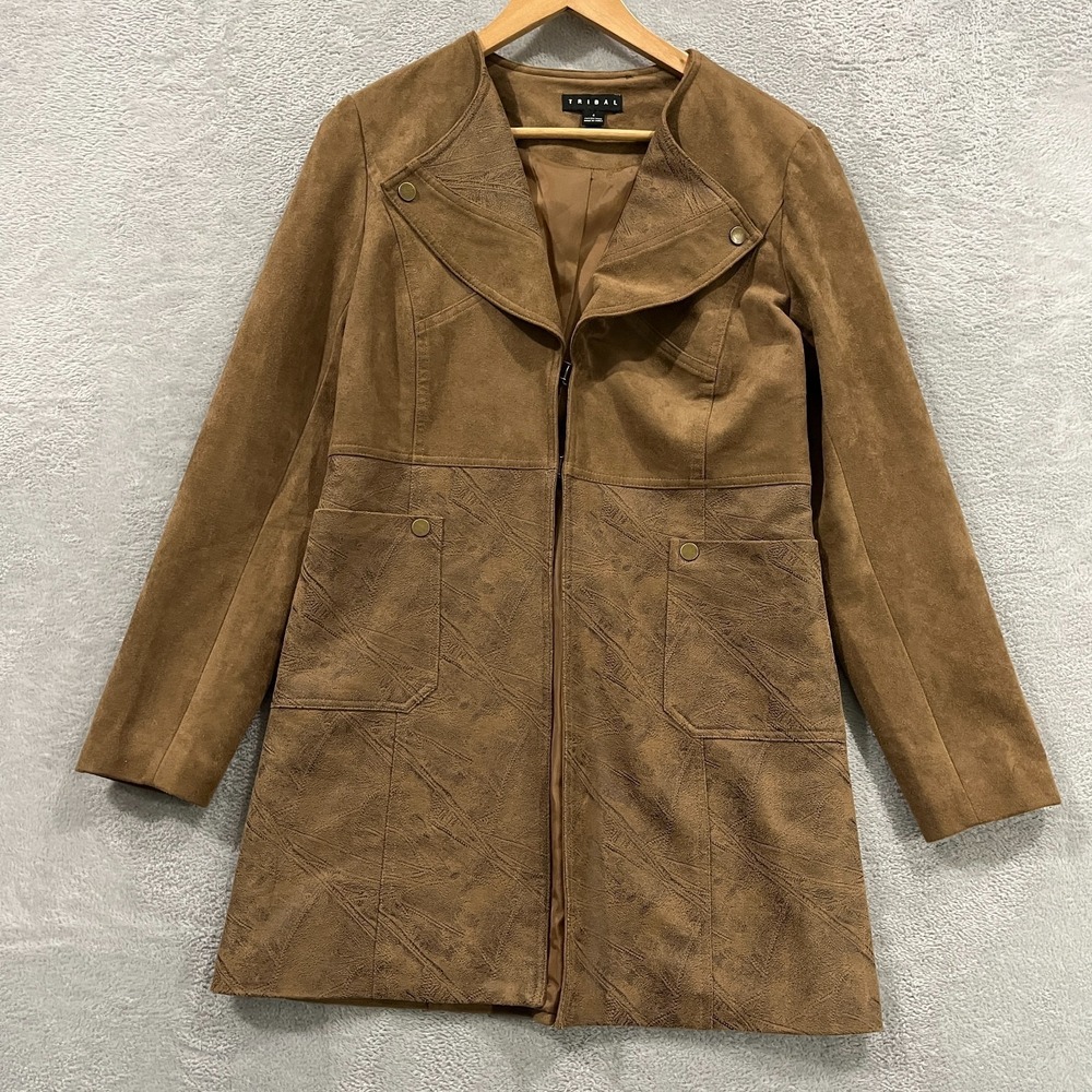 Tribal Faux Suede Coat Womens 6 Brown Textured Stretch Lined Long Sleeve Western